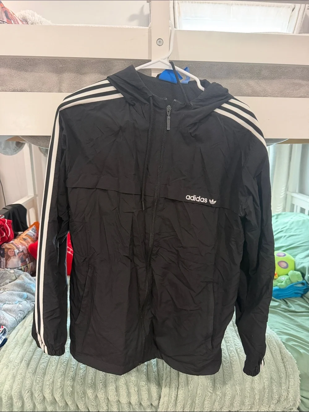 adidas Black Hooded Windbreaker with White Three-Stripes